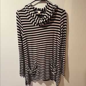 Andrea Jovine Womens Hooded Tunic Size S Black & Beige Striped Lagenlook